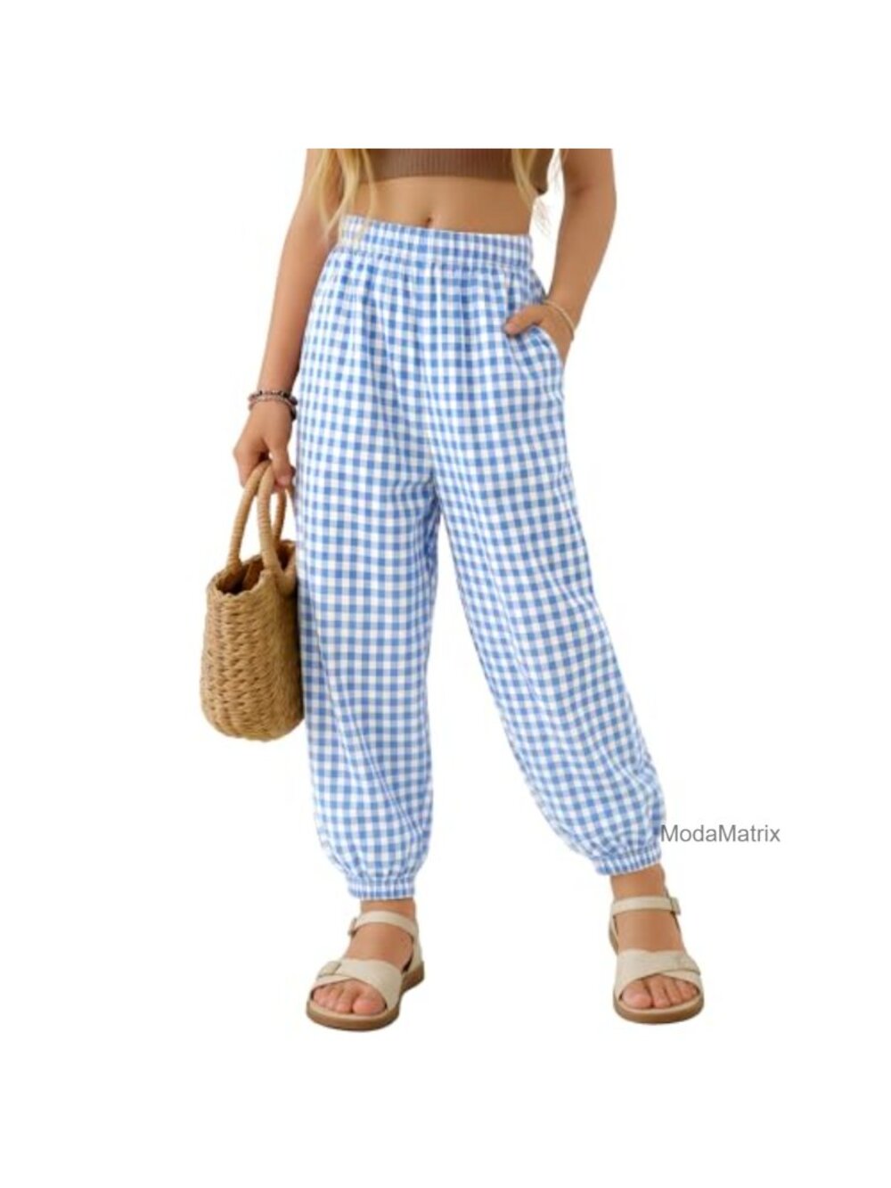 Girls Gingham Harem Pants Polyester Cotton Lightweight Elastic Waist